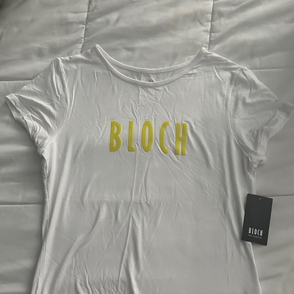 Bloch Women's White Tee with Yellow Lettering